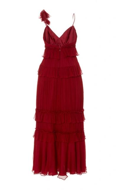 Shop Amur Mikayla Ruffled Appliquéd Plissé-chiffon Gown In Red