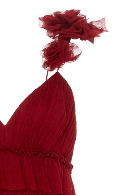 Shop Amur Mikayla Ruffled Appliquéd Plissé-chiffon Gown In Red