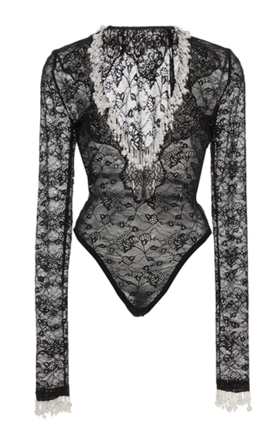 Shop Christopher Kane Pearl-embellished Lace Bodysuit In Black