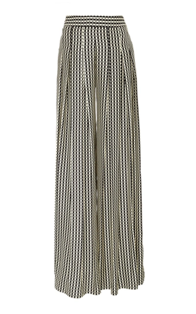 Shop Oscar De La Renta Pleated Printed Silk-chiffon Wide Leg Pants In Black