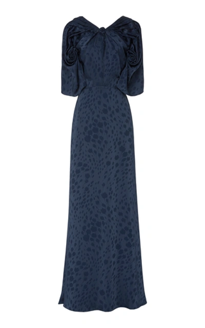 Shop Zac Posen Novelty Satin Back Printed Crepe Gown In Navy
