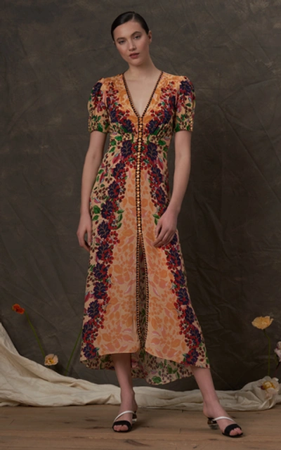 Shop Saloni Lea Printed Silk-georgette Midi Dress In Floral