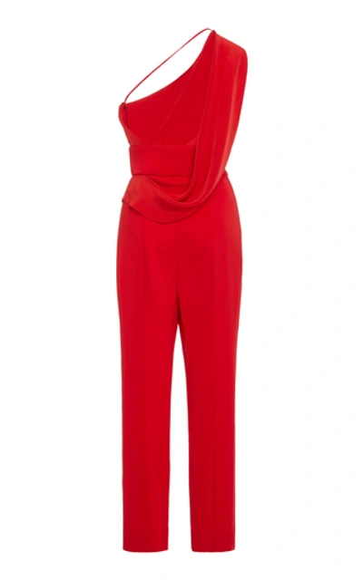Shop Cushnie One-shoulder Cady Cropped Jumpsuit In Red