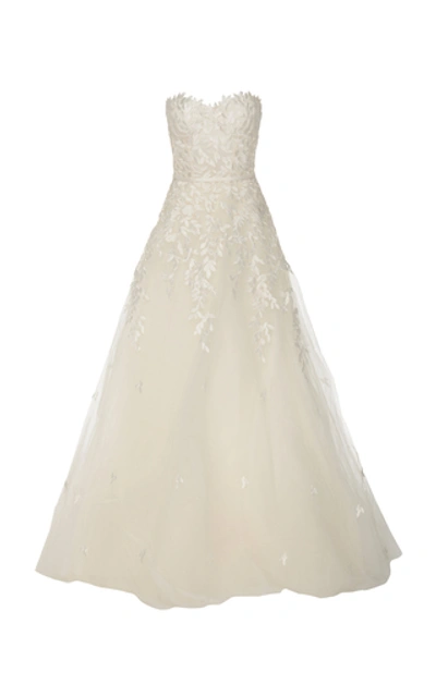 Shop Mira Zwillinger Charla Strapless Embroidered Silk Tulle Gown In Ivory