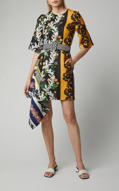 Shop Oscar De La Renta Asymmetric Floral-print Wool-crepe Mini Dress In Multi