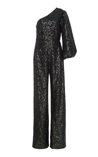 Shop Saloni Lily One-shoulder Sequined Stretch-crepe Jumpsuit In Green