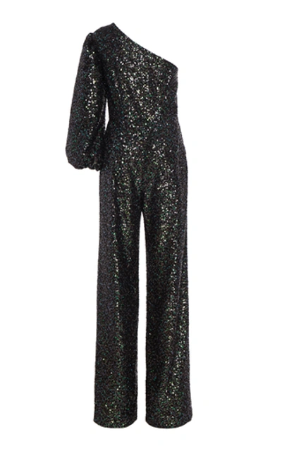Shop Saloni Lily One-shoulder Sequined Stretch-crepe Jumpsuit In Green