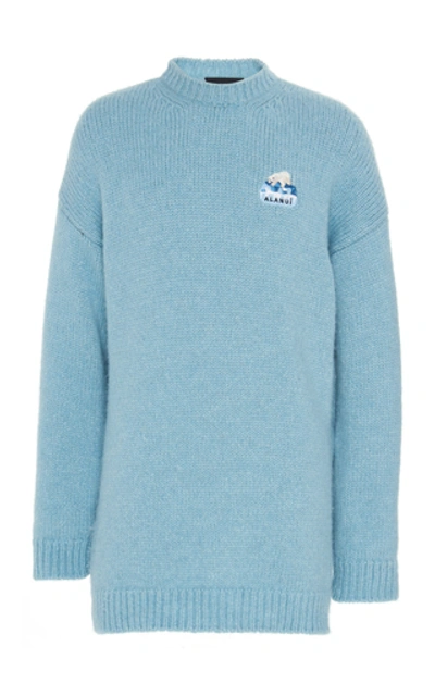 Shop Alanui Global Warming Embroidered Alpaca-blend Sweater In Blue