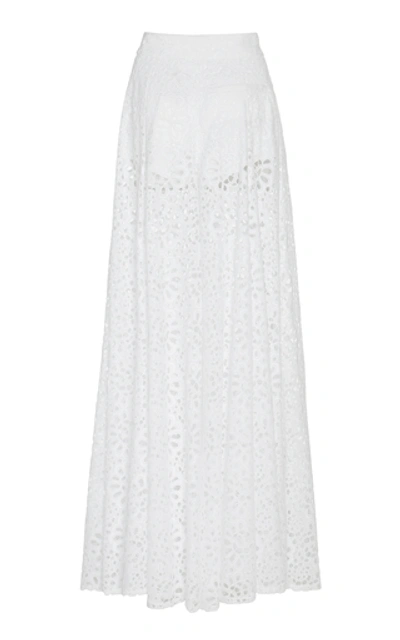 Shop Carolina Herrera Broderie-anglaise Cotton Wide-leg Pants In White