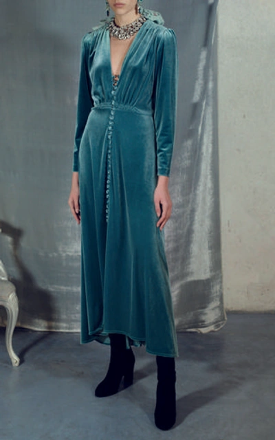 Shop Luisa Beccaria Velvet Midi Dress In Blue