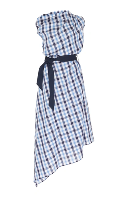 Shop Martin Grant Asymmetrical Checked Cotton-linen Midi Dress In Multi
