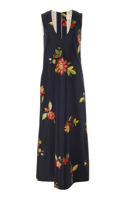 Shop La Doublej Floral-print Silk Dress In Navy