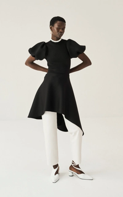 Shop Beaufille Leo Asymmetric Puff-sleeve Crepe Midi Dress In Black