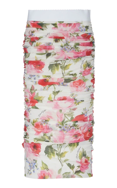 Shop Dolce & Gabbana Ruched Floral-print Silk Midi Skirt