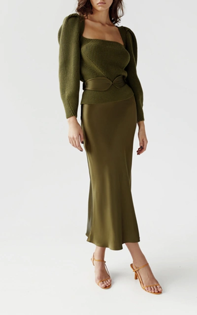 Shop Anna October Aimee Belted Satin Midi Skirt In Green