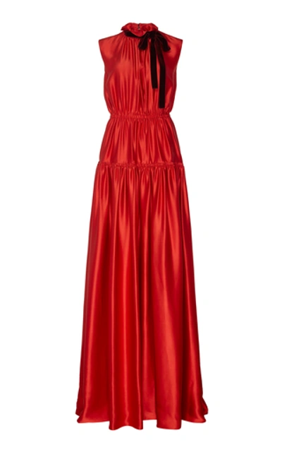 Shop Roksanda Giona Tie-detailed Tiered Silk-satin Gown In Red