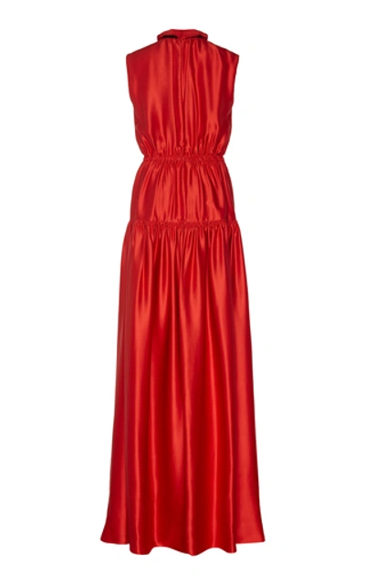 Shop Roksanda Giona Tie-detailed Tiered Silk-satin Gown In Red