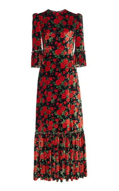 Shop The Vampire's Wife Ruffled Floral-print Velvet Maxi Dress