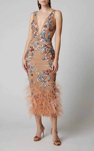 Shop Marchesa Feather-trimmed Floral-embroidered Tulle Midi Dress In Pink