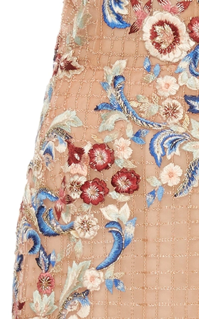 Shop Marchesa Feather-trimmed Floral-embroidered Tulle Midi Dress In Pink