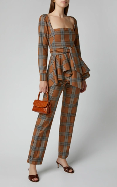 Shop Lela Rose Maggie Plaid Wool-blend Wide-leg Pant In Brown