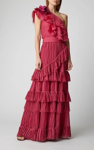 Shop Johanna Ortiz God Of The Night Ruffled One-shoulder Silk Gown In Pink