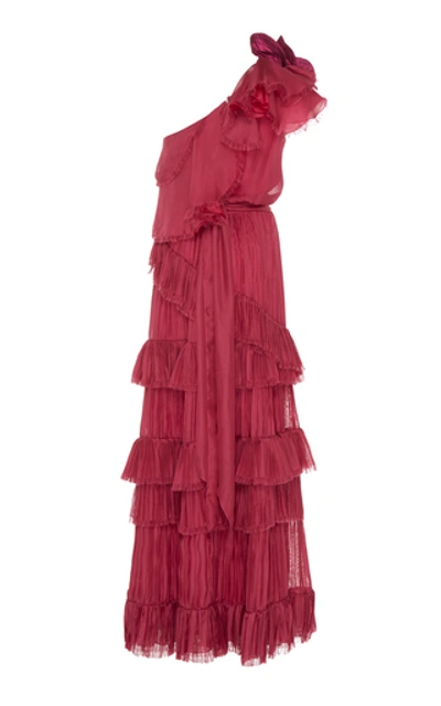 Shop Johanna Ortiz God Of The Night Ruffled One-shoulder Silk Gown In Pink