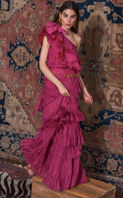 Shop Johanna Ortiz God Of The Night Ruffled One-shoulder Silk Gown In Pink