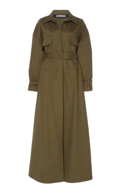 Shop Jacquemus Belted Printed Cotton And Linen-blend Trench Coat In Green