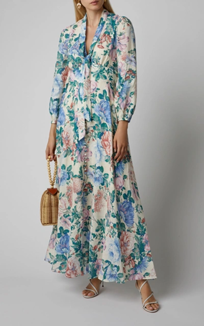 Shop Zimmermann Verity Plunge Linen Dress In Floral