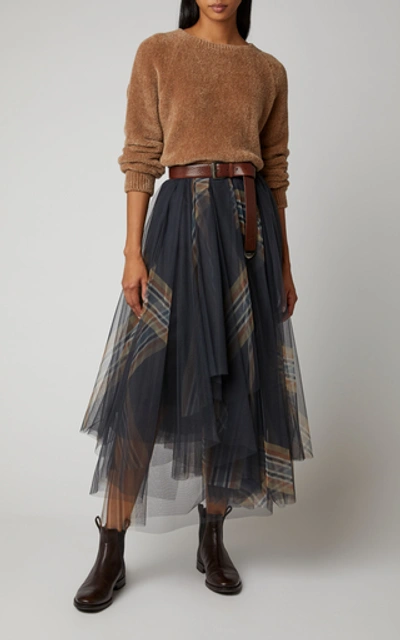 Shop Brunello Cucinelli Striped Tulle Maxi Skirt In Black