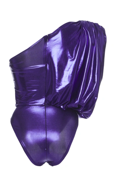 Shop Attico One-shoulder Ruched Lamé Bodysuit In Purple