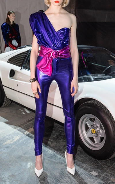 Shop Attico One-shoulder Ruched Lamé Bodysuit In Purple