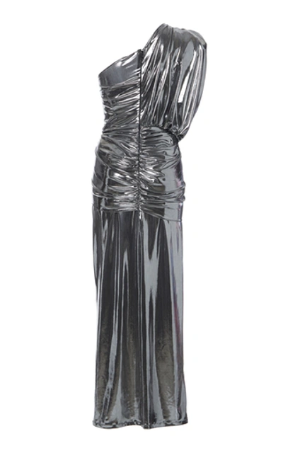 Shop Attico One-shoulder Stretch-lamé Gown In Silver