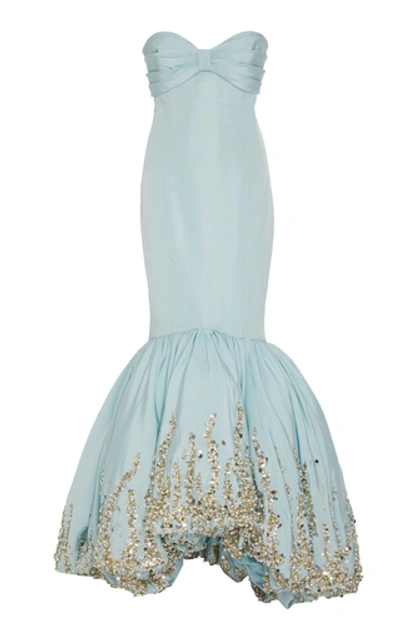 Shop Elizabeth Kennedy Embroidered Silk-satin Mermaid Gown In Blue