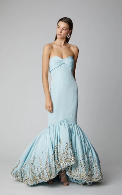 Shop Elizabeth Kennedy Embroidered Silk-satin Mermaid Gown In Blue