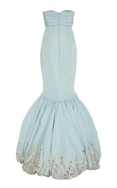 Shop Elizabeth Kennedy Embroidered Silk-satin Mermaid Gown In Blue