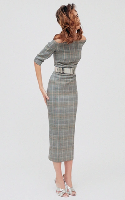 Shop Martin Grant Off-the-shoulder Checked Wool-blend Midi Dress In Print