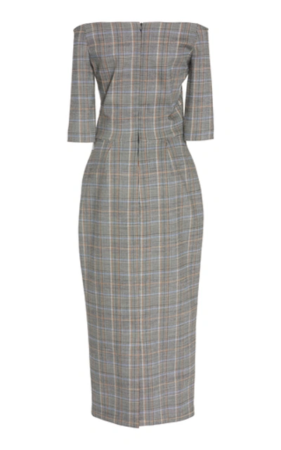 Shop Martin Grant Off-the-shoulder Checked Wool-blend Midi Dress In Print