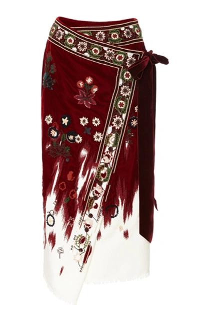 Shop Oscar De La Renta Embroidered Velvet-trimmed Wool Wrap Skirt In Burgundy