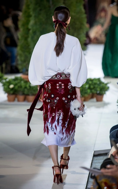 Shop Oscar De La Renta Embroidered Velvet-trimmed Wool Wrap Skirt In Burgundy