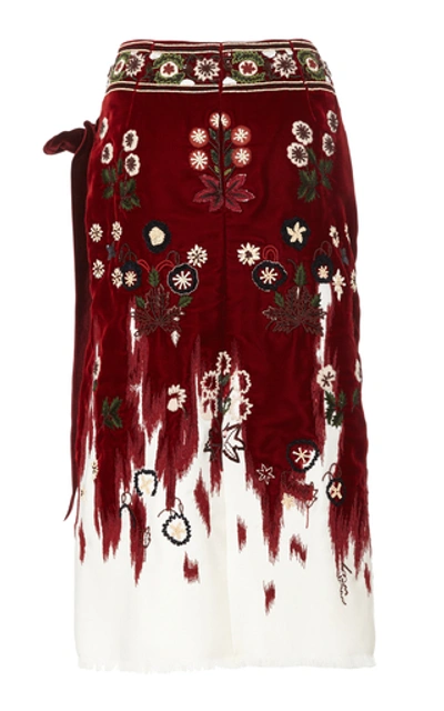 Shop Oscar De La Renta Embroidered Velvet-trimmed Wool Wrap Skirt In Burgundy