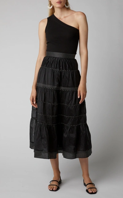 Shop Ulla Johnson Margot Tiered Cotton-silk Blend Midi Skirt In Black