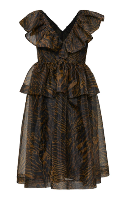 Shop Ganni Ruffled Printed Organza Dress In Animal