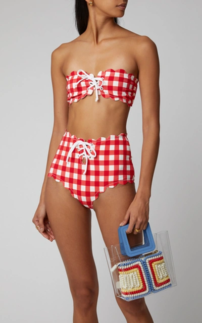 Shop Marysia Riviera Tie-detailed Scalloped Gingham Bikini Briefs In Red
