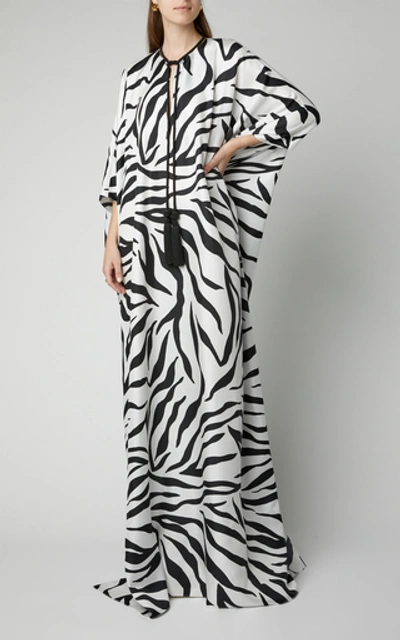 Shop Oscar De La Renta Zebra-print Silk-crepe Kaftan In White