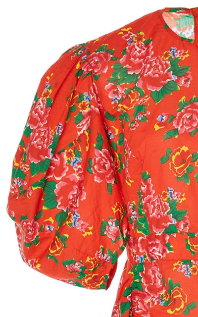 Shop Rhode Pia Draped Floral-print Cotton Mini Dress In Red