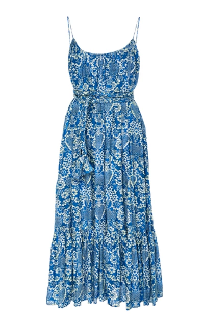 Shop Rhode Lea Floral-print Cotton-poplin Midi Dress In Blue