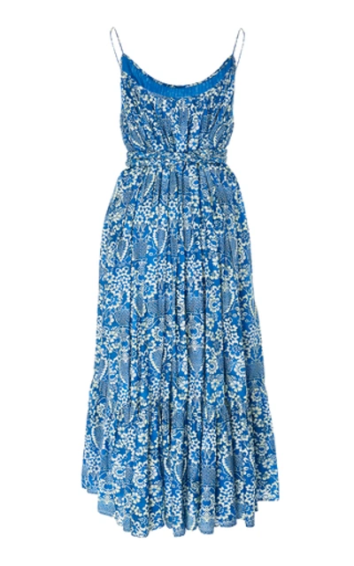 Shop Rhode Lea Floral-print Cotton-poplin Midi Dress In Blue