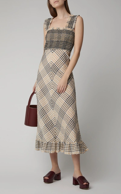 Shop Ganni Smocked Seersucker Midi Dress In Plaid